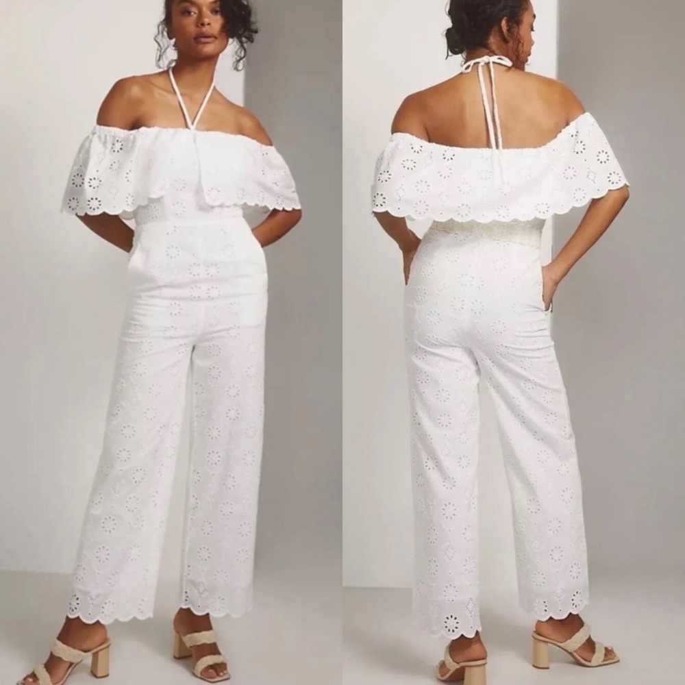 NWT Anthropologie Maeve Athena Ruffle Halter Jumpsuit in White